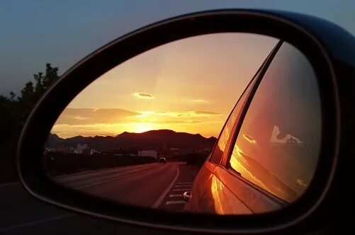 blog image, car mirror at sunset